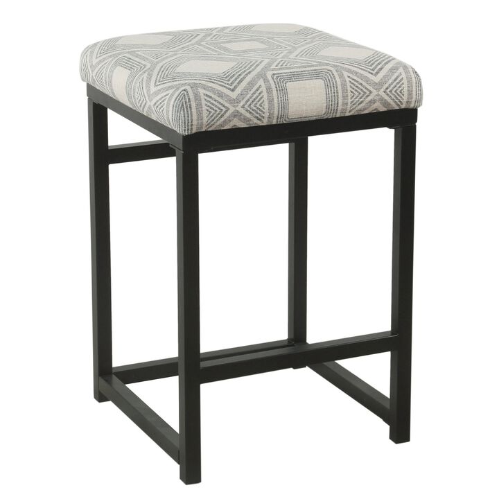 Metal Counter Stool with Geometric Pattern Fabric Upholstered Seat, Gray and Black - Benzara
