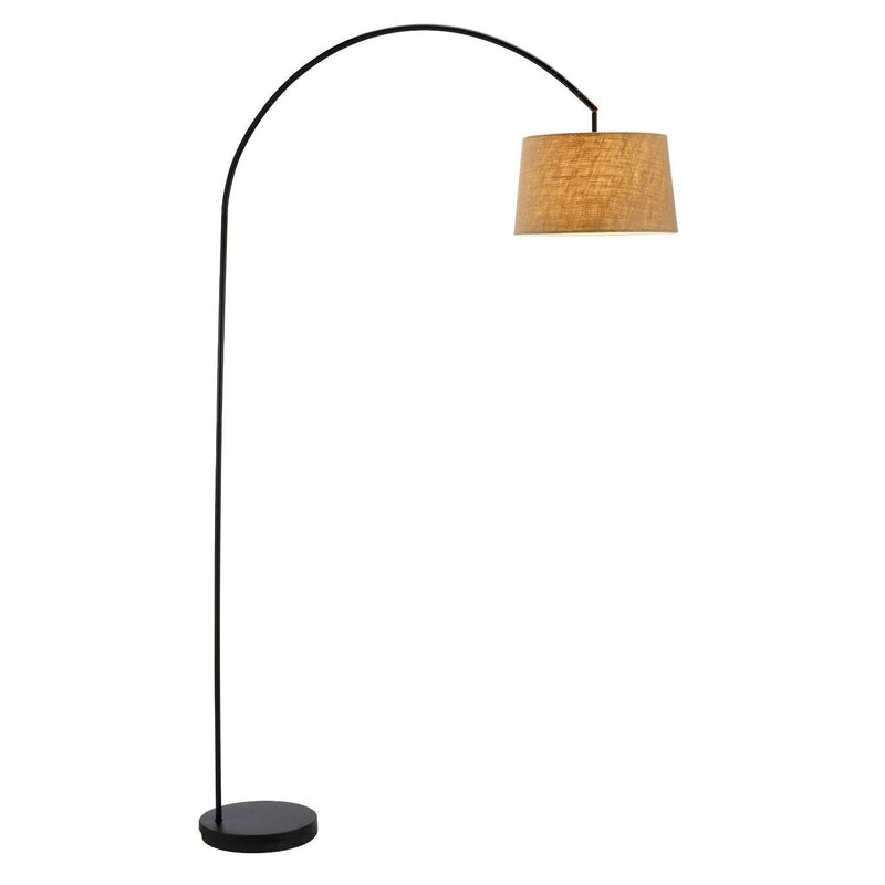 QuikFurn Modern Arching Floor Lamp in Matte Black with Taupe Burlap Fabric Drum Shade