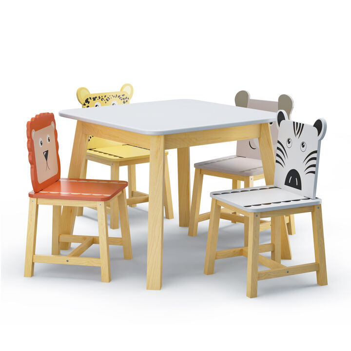 5 Piece Kiddy Table and Chair Set, Kids Wood Table with 4 Chairs Set Cartoon Animals (bigger table)（3-8 years old）