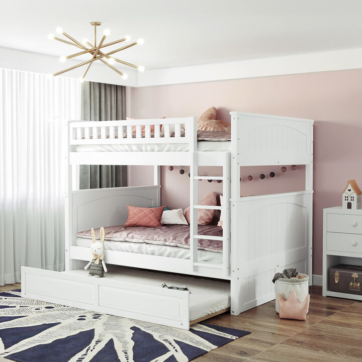 Full Over Full Bunk Bed with Twin Size Trundle, Pine Wood Bunk Bed with Guardrails, Brushed Gray