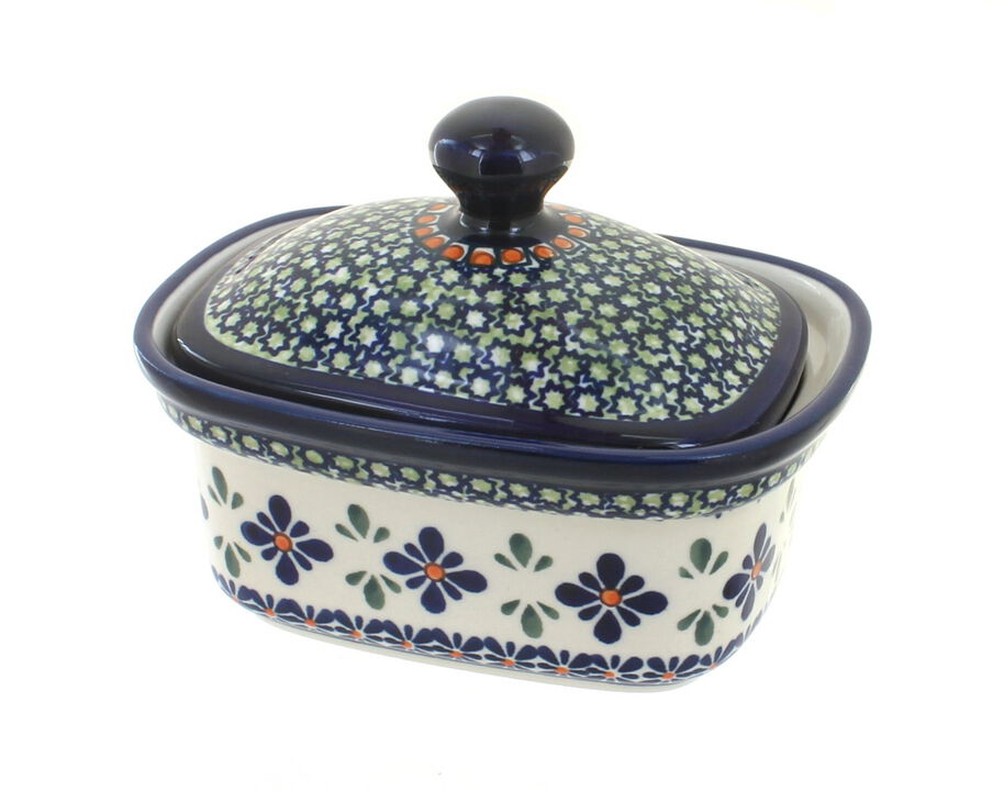 Blue Rose Polish Pottery Porcelain Vine Butter Tub