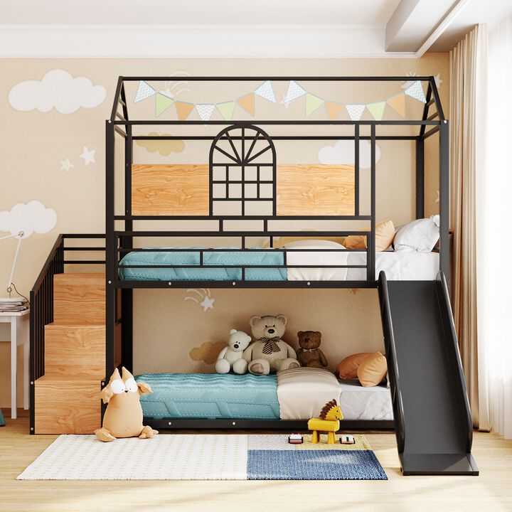 Merax Metal House Bunk Bed with Slide and Storage Stair