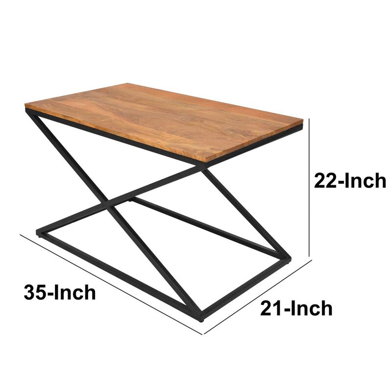 35 Inch Wooden Rectangle Coffee Table with X Shaped Metal Frame, Brown and Black