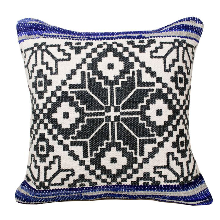 20" Navy Blue and White Bordered Floral Mosaic Square Throw Pillow