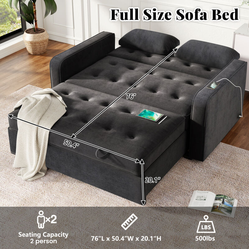 65.7" Velvet Upholstered Sleeper Bed, PUll Out Sofa Bed Couch attached two throw pillows, Dual USB Charging Port and Adjustable Backrest for Living Room Space, Black