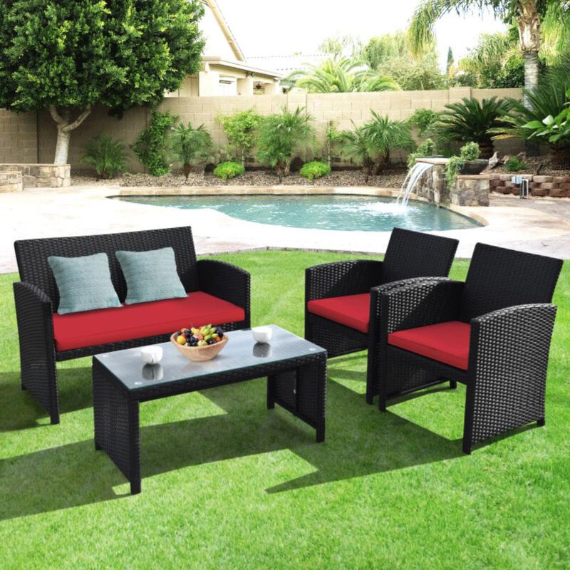 Hivvago 4 Pieces Rattan Patio Furniture Set with Weather Resistant Cushions and Tempered Glass Tabletop