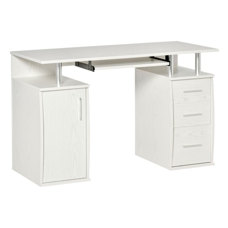 47" Computer Desk with Keyboard Tray and Storage Drawers, Home Office Workstation Table with Storage Shelves, White