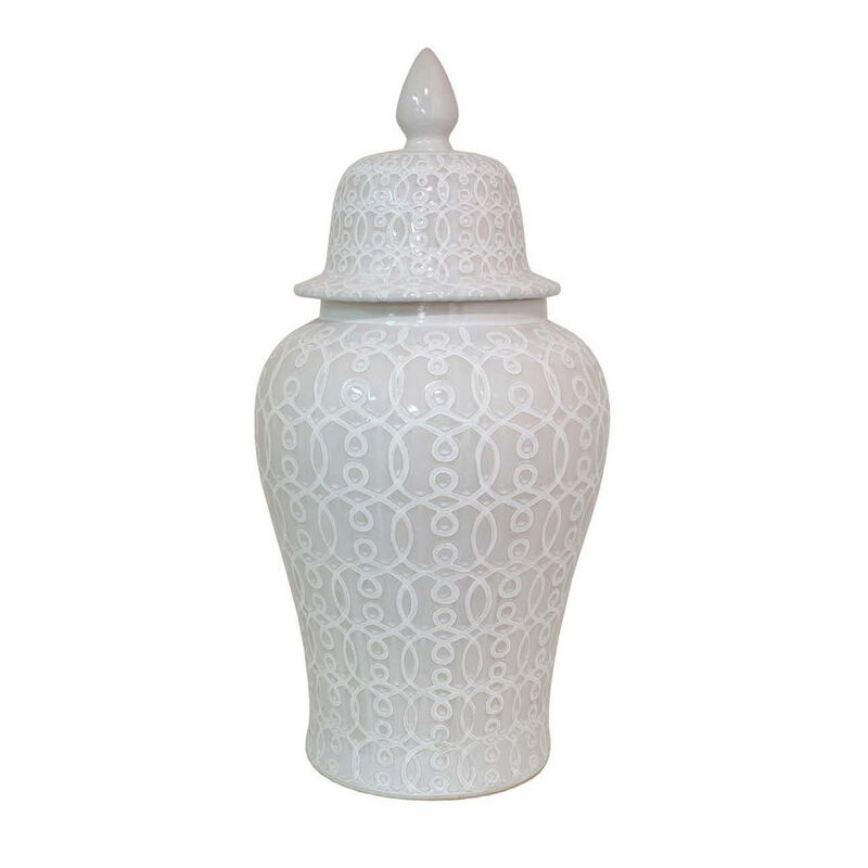 Deni 33 Inch Temple Jar, Removable Lid, Carved Pattern, Ceramic, White - Benzara