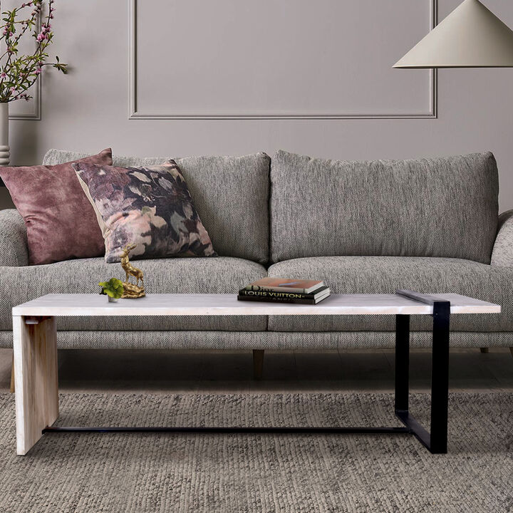 Farmhouse Rectangular Coffee Table with Wooden Top and Geodesic Metal Frame, Gray and Black