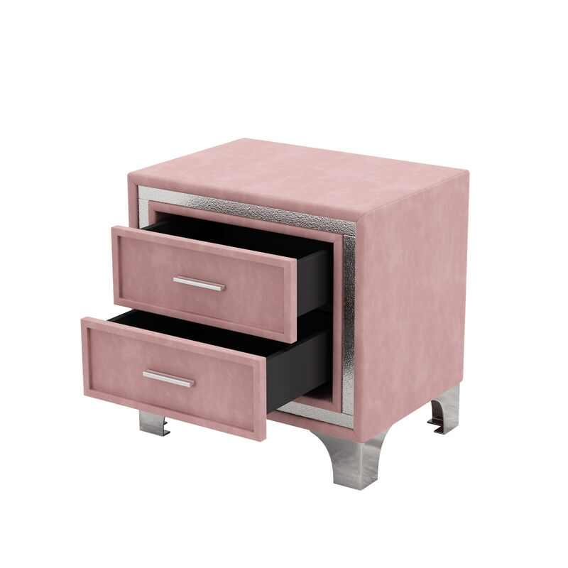 2Drawer Nightstand with Metal Legs for Bedroom, Mid Century Nightstand Fully Assembled Except Legs and Handles, Velvet Bedside Table Pink