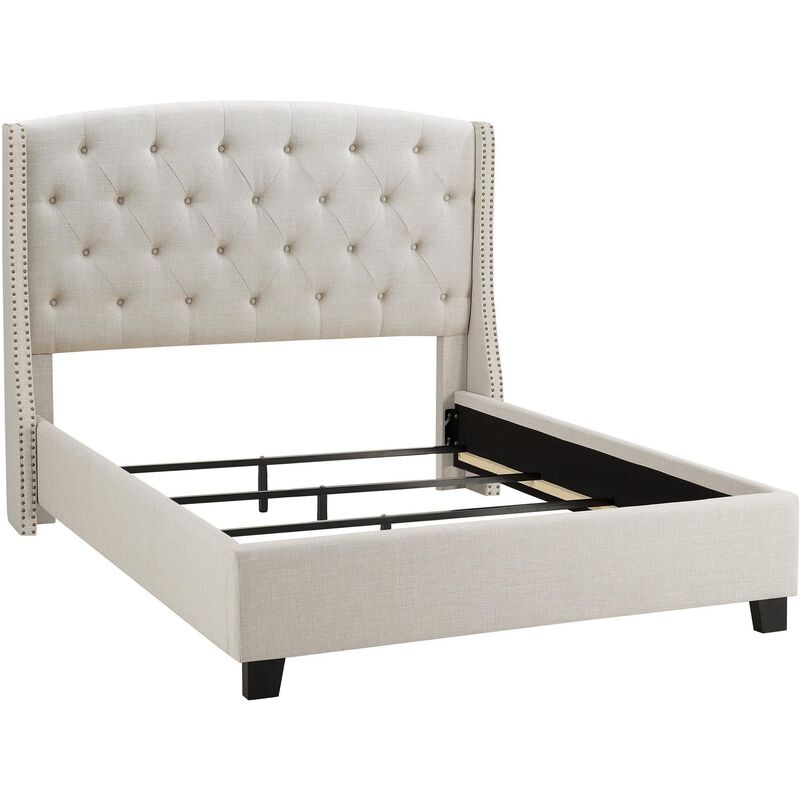 Elle Queen Size Bed, Low Profile, Ivory Button Tufted Upholstered Headboard - Benzara