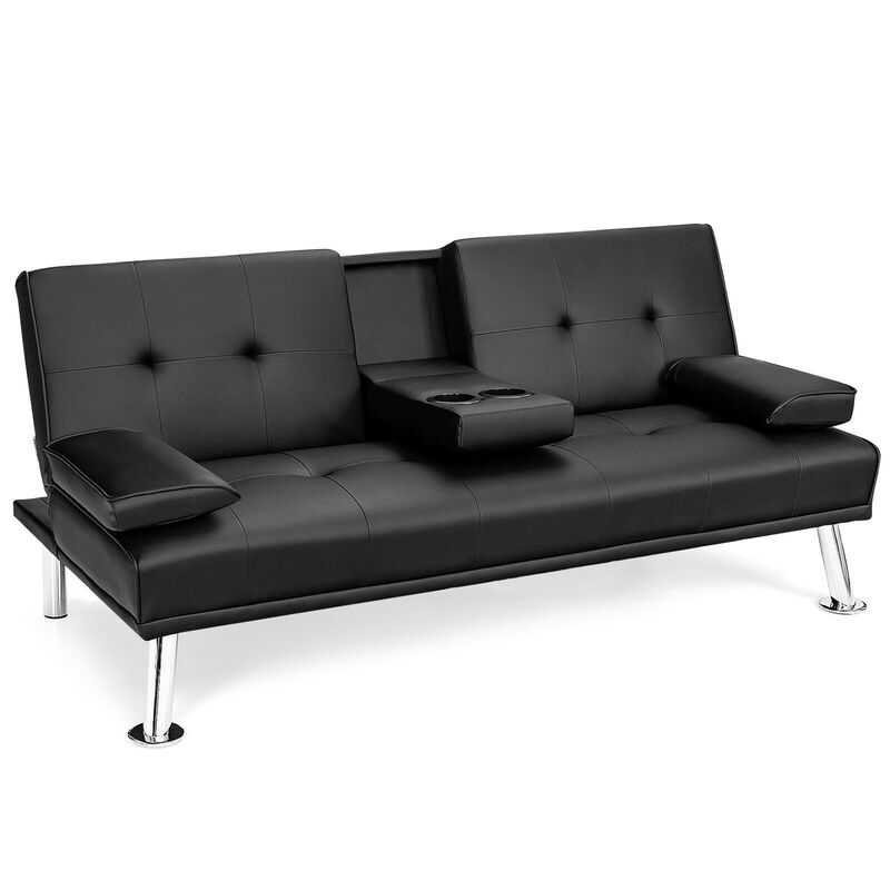 Convertible Folding Leather Futon Sofa with Cup Holders and Armrests