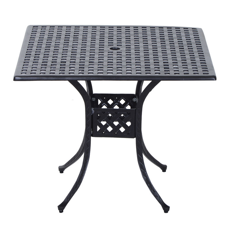 Outsunny 36" Square Patio Dining Table with 2" Dia Umbrella Hole, Cast Aluminum Outdoor Dining Table, Outdoor Bistro Table for Garden, Backyard, Porch, Black