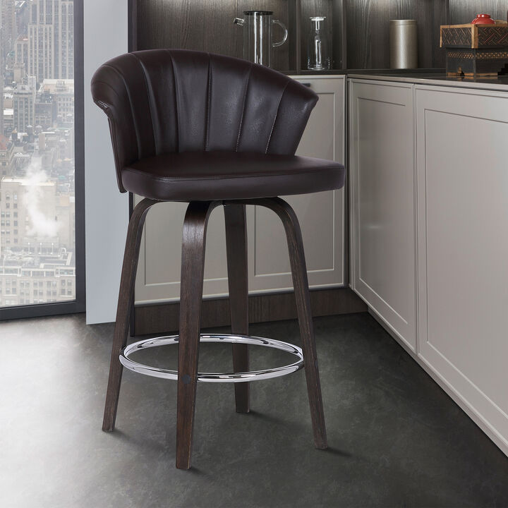 Ashley Wood Back Swivel Brown Faux Leather Bar Stool