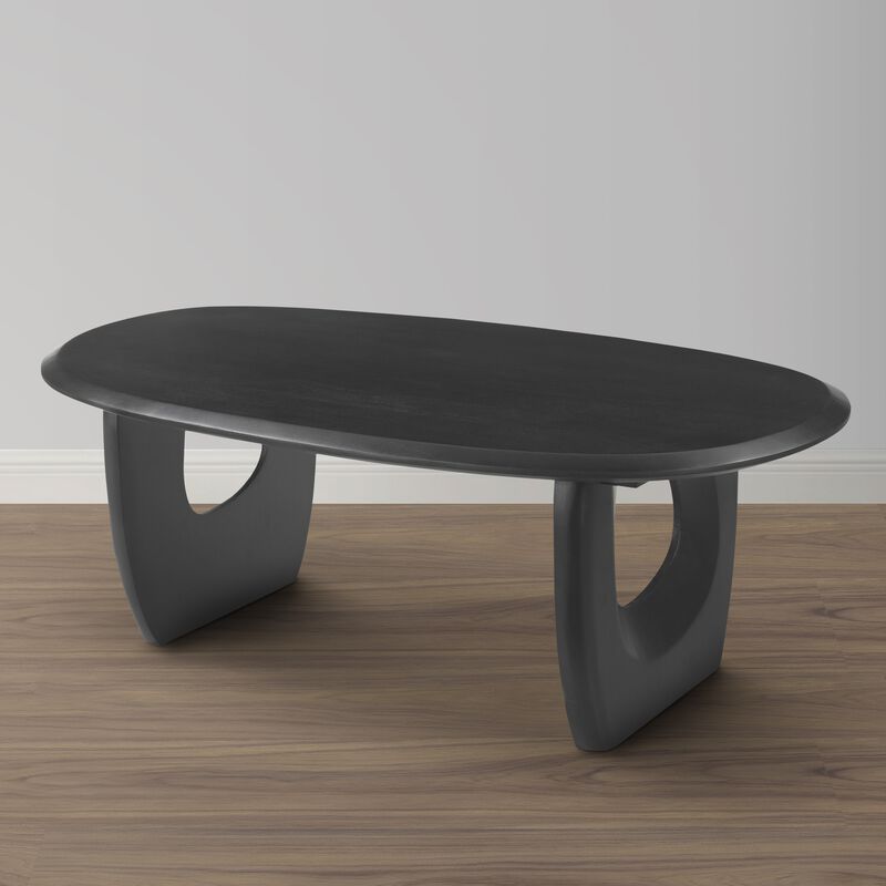 43 Inch Coffee Table, Handcrafted Acacia Wood, Cut Out Rounded Panel Legs, Black - Benzara