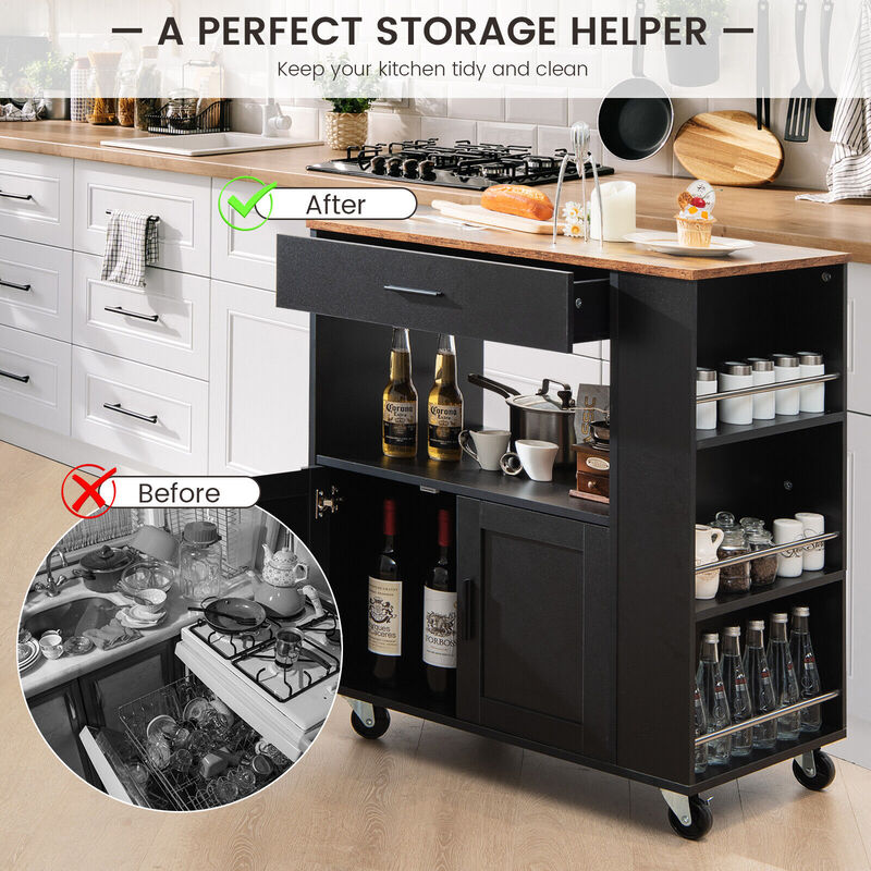 Rolling Kitchen Trolley with 3 Spice Racks Drawer and Open Shelf-Black