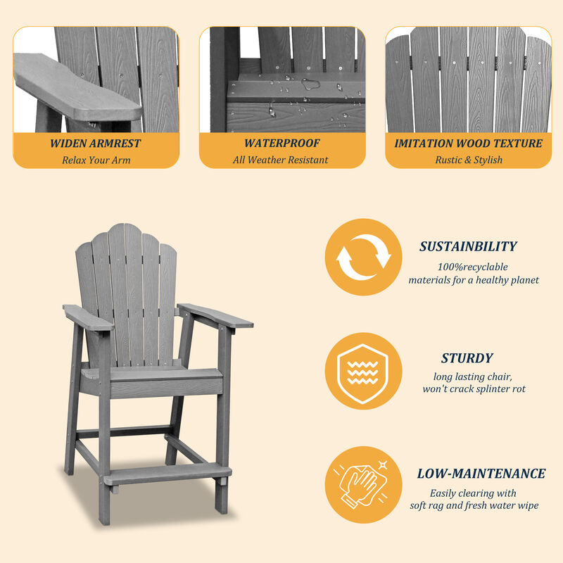 MONDAWE  Tall Patio Adirondack Chair Outdoor HIPS Frame Plastic Bar Stool Gray 1-Pack