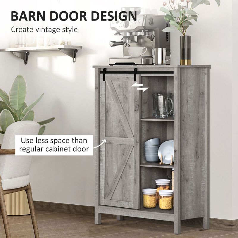 Accent Cabinet, Kictchen Cupboard Storage Cabinet, 3-Tier Organizer with Barn Door and Adjustable Shelf, Grey Oak