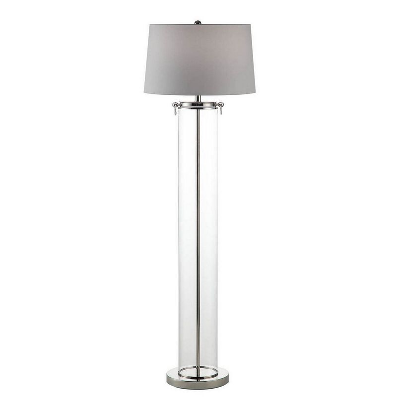 Axie 60 Inch Floor Lamp, Clear Glass Stand, Empire Shade, Metal, Nickel-Benzara