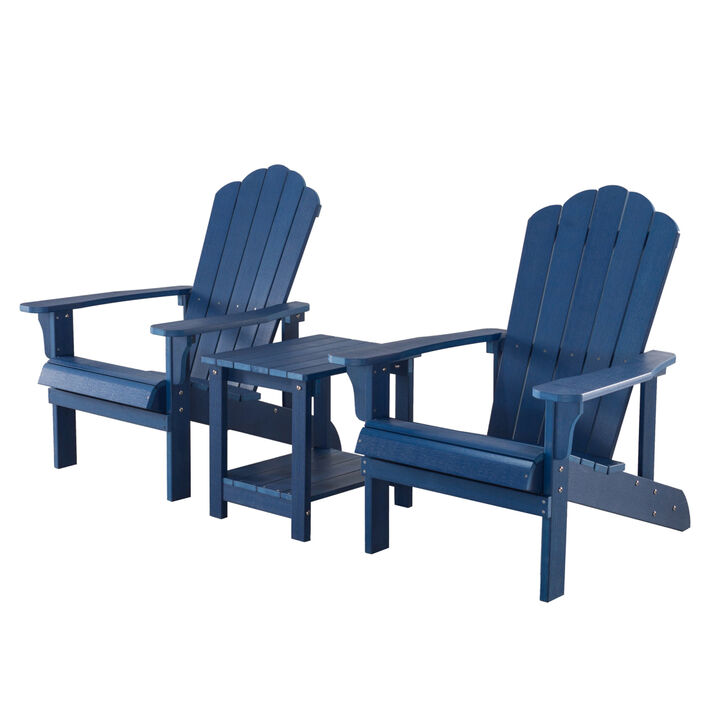 3 Piece Outdoor Patio All-Weather Plastic Wood Adirondack Bistro Set, 2 Adirondack chairs, and 1 small, side, end table set for Deck, Backyards, Garden, Lawns, Poolside, and Beaches, Blue