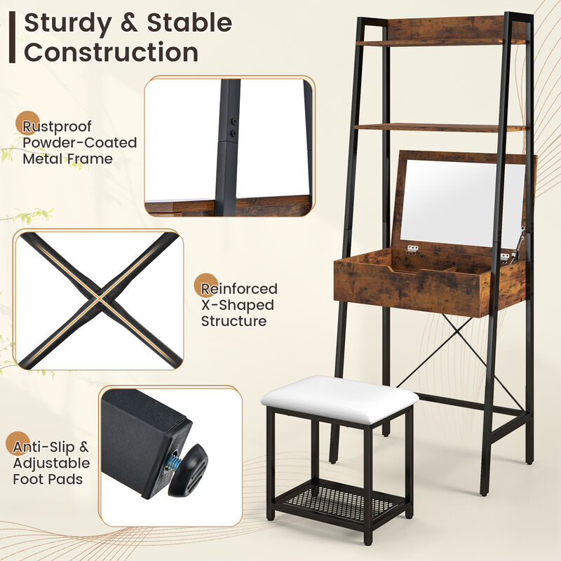 Ladder Vanity Desk Set with Flip Top Mirror and Cushioned Stool