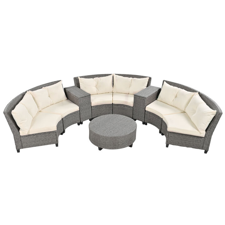 Merax Patio Furniture Set, 6 Piece Patio Conversation Set, Fan-Shaped Rattan Suit Combination with Cushions and Table