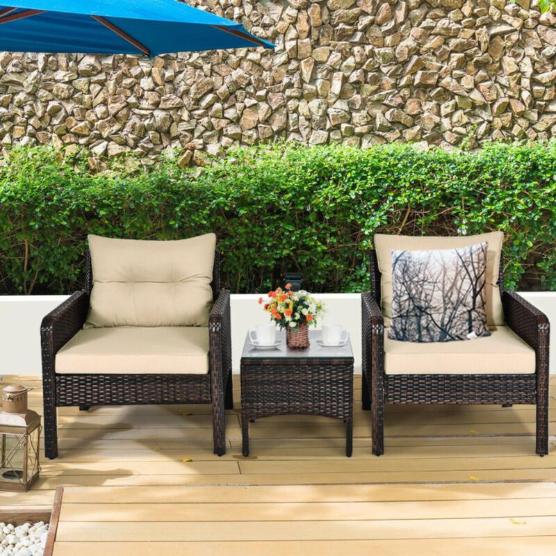 Hivvago 3 Pieces Outdoor Patio Rattan Conversation Set with Seat Cushions