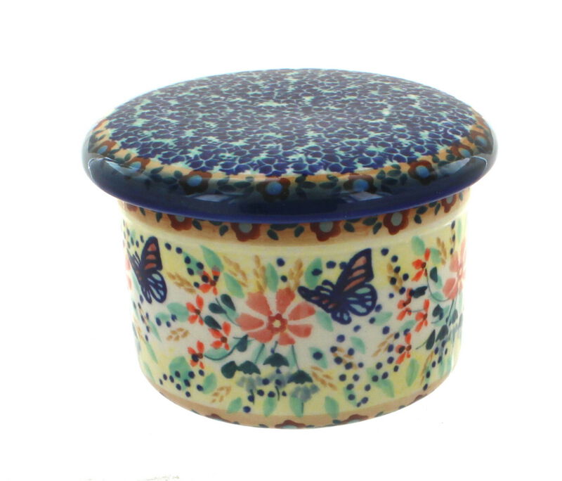 Blue Rose Polish Pottery Red Daisy French Butter Dish