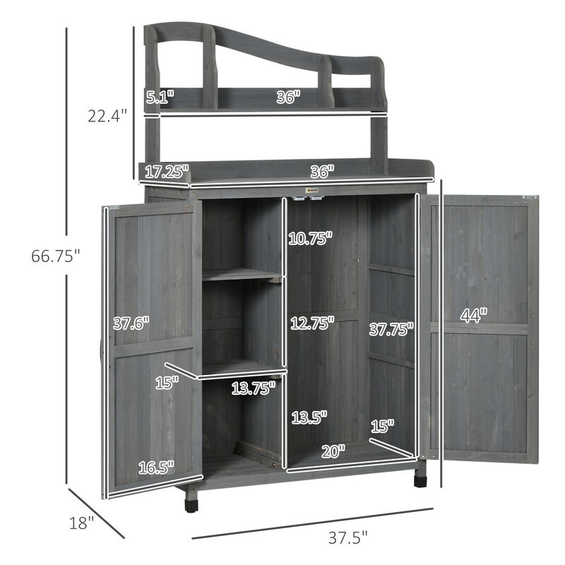Outsunny Potting Bench Table, Outdoor Storage Cabinet, Multi-function Gardening Bench, Wooden Planting Workstation with Magnetic Doors, for Yard Tools or Pool Accessories, Gray