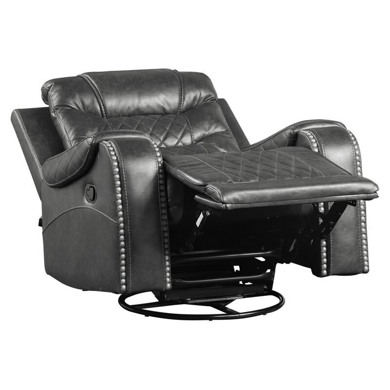 Paul 38 Inch Manual Swivel Glider Recliner Chair, Gray Faux Leather - Benzara