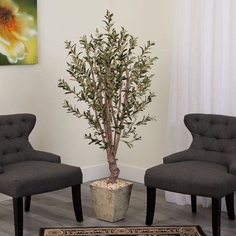 HomPlanti 5 Feet Olive Artificial Tree in Country White Planter