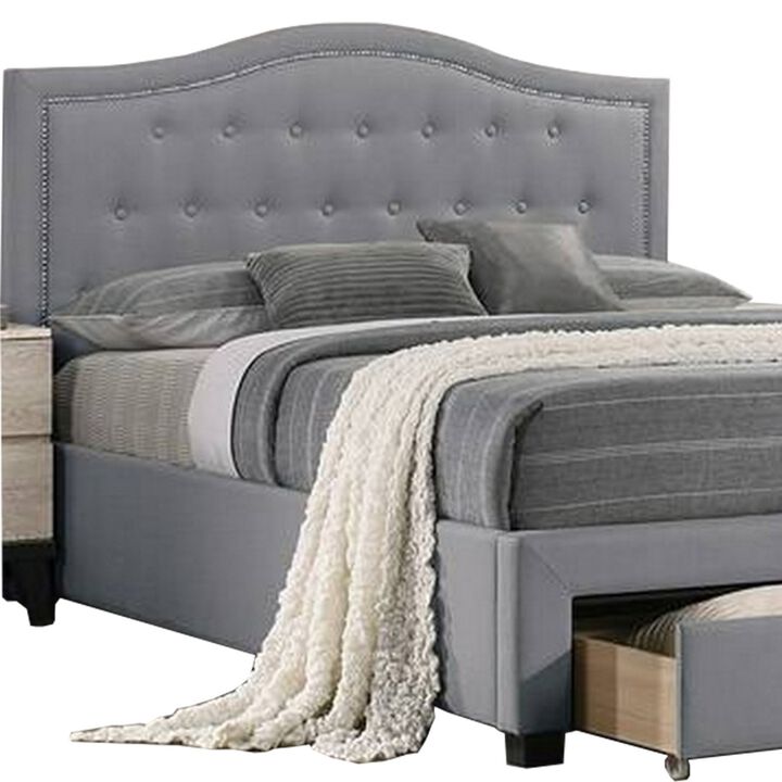 Buk Upholstered Tufted Queen Bed with Storage, Nailhead Trim, Gray Burlap  - Benzara