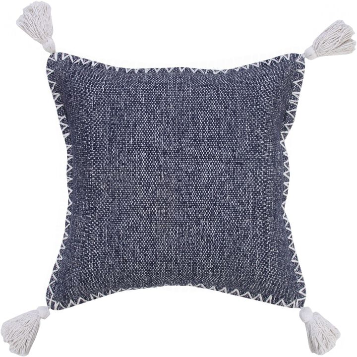 20" Blue and White Stonewash Embroidered Edge Square Throw Pillow with Tassels