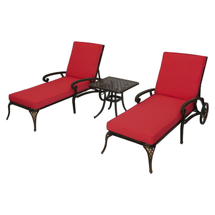 MONDAWE 3-Piece Outdoor Chaise Lounge with Cushion and Cast Aluminum Side Table