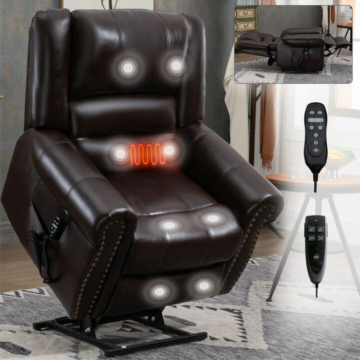 Power Lift Recliner Chair Heat Massage Dual Motor Infinite Position Up to 350 LBS, Faux Leather, Heavy Duty Motion Mechanism with USB Ports, Brown
