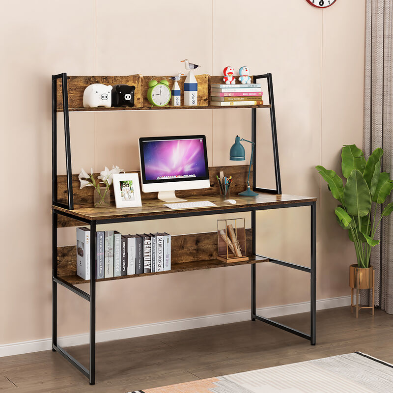 Costway 47'' Computer Desk w/ 3 Storage Cubes & Open Bookcase Home Office Natural