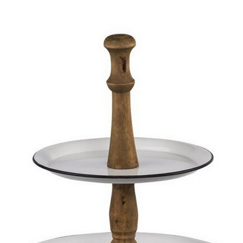 Mlyn 24 Inch 3 Tier Serving Tray, Round Metal Base, White Brown, and Black - Benzara