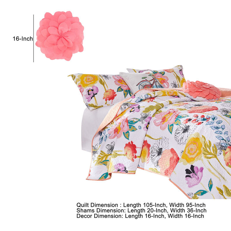 Mavi 5 Piece Reversible King Quilt Set, Spring Floral Print, Multicolor - Benzara