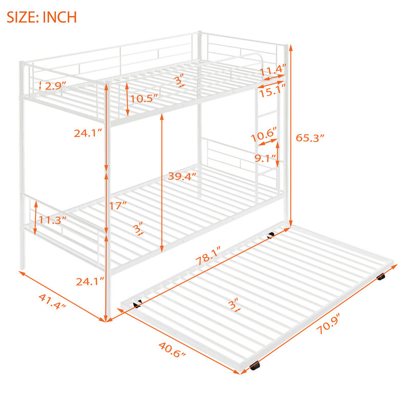 Twin-Over-Twin Metal Bunk Bed With Trundle, Can Be Divided Into Two Beds, No Box Spring Needed