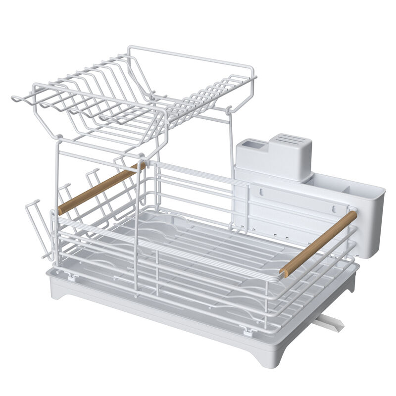 Adjustable Dish Rack With Bamboo Handle White