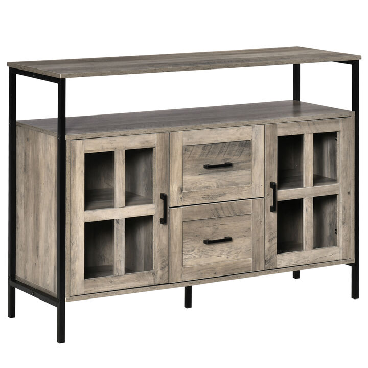 HOMCOM Industrial Sideboard Buffet Cabinet, Kitchen Cabinet, Coffee Bar Cabinet with Adjustable Shelves, Glass Doors, and 2 Drawers for Living Room, Gray