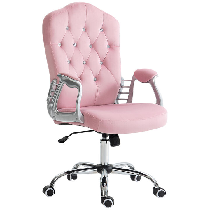 Vinsetto Home Office Chair, Velvet Computer Chair, Button Tufted Desk Chair with Swivel Wheels, Adjustable Height, and Tilt Function, Pink
