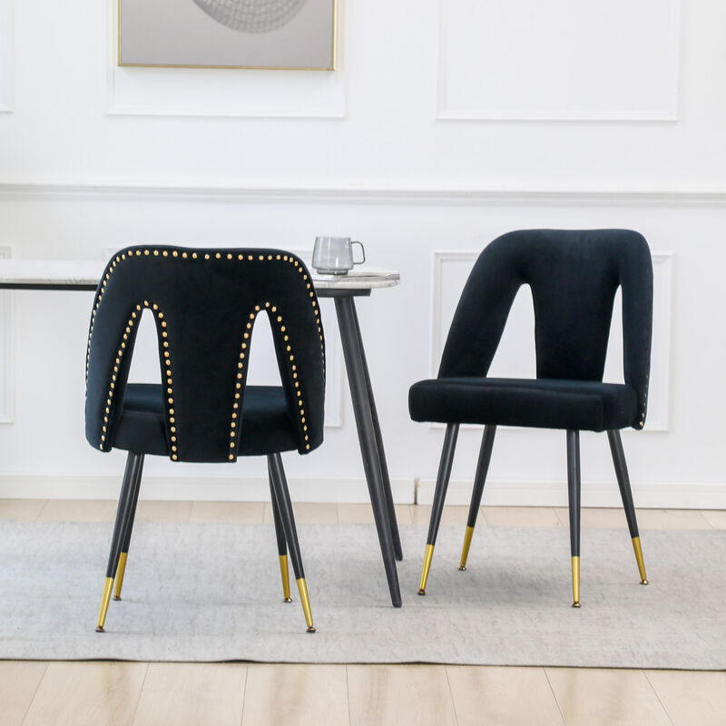 Modern Contemporary Velvet Upholstered Dining Chair with Nailheads and Gold Tipped Black Metal Legs, Black, Set of 2