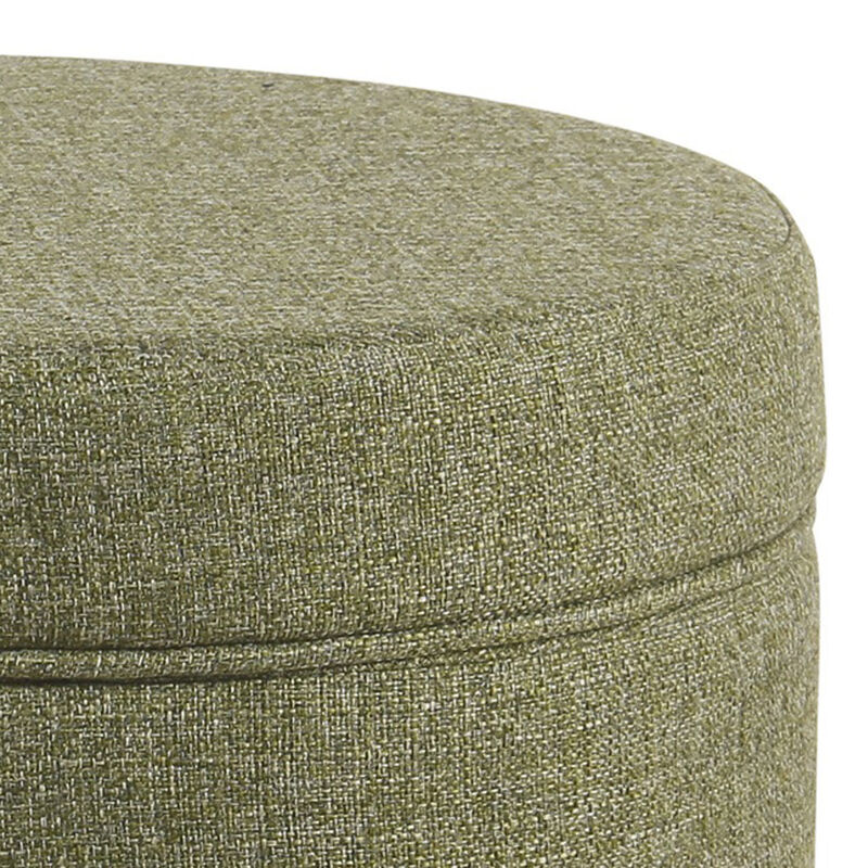 Fabric Upholstered Round Wooden Ottoman with Lift Off Lid Storage, Green - Benzara