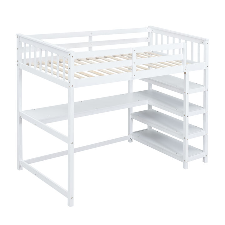 Merax Twin Size Loft Bed with Storage Shelves and Under-bed Desk