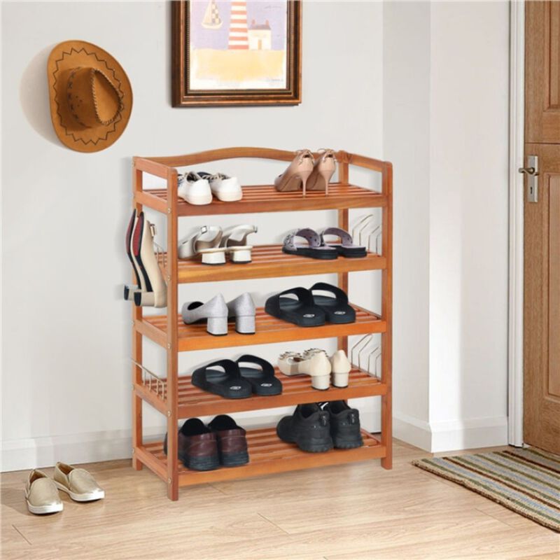 5-Tier Acacia Wood Shoe Rack with Side Metal Hooks