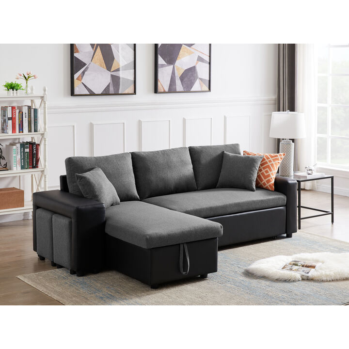 92.5"Linen Reversible Sleeper Sectional Sofa with storage and 2 stools Steel Gray