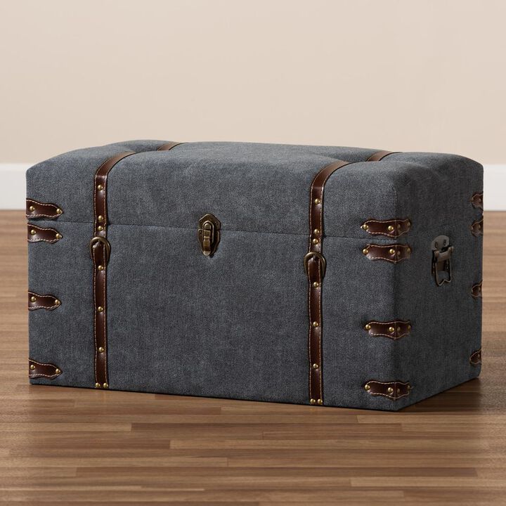 Transitional Grey Fabric Upholstered Storage Trunk Ottoman