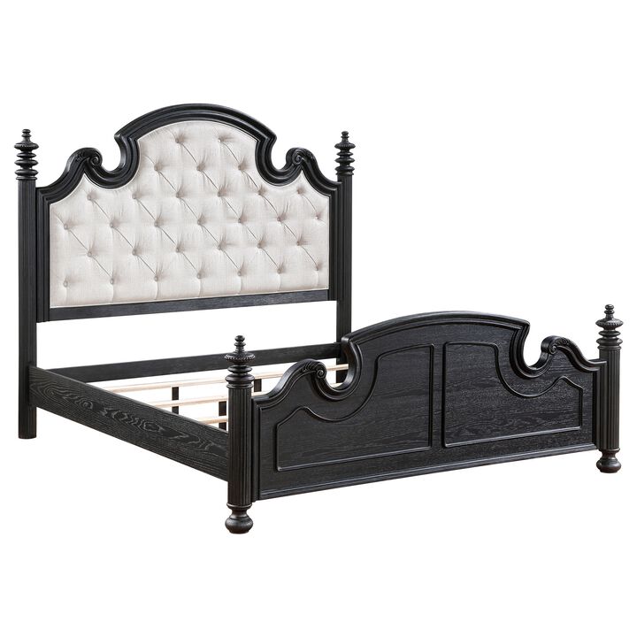 Selena King Size Poster Bed, Classical White Tufted Upholstery, Black - Benzara