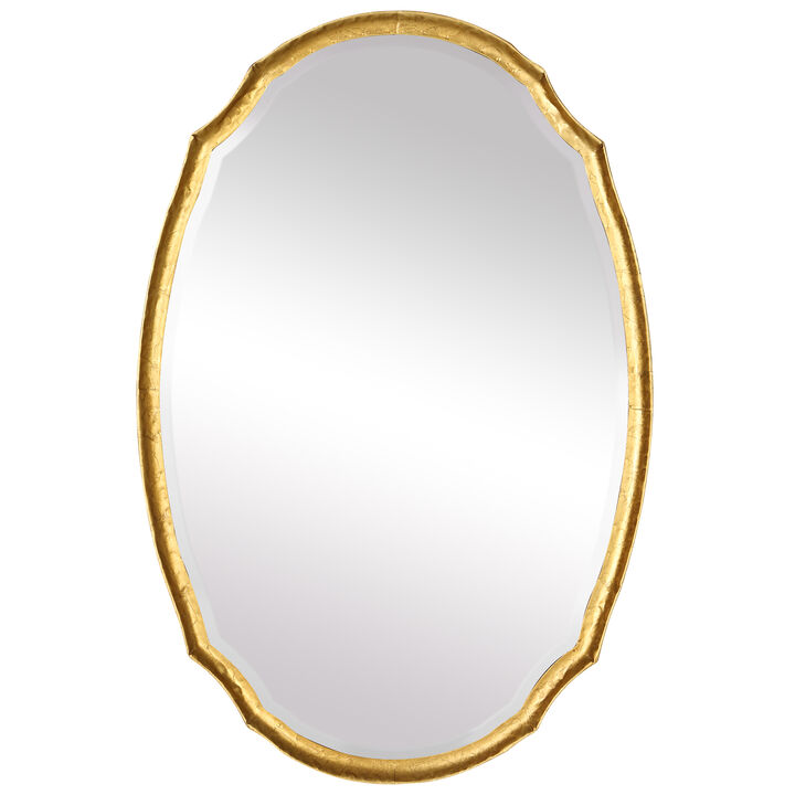 36 Inch Wood Wall Mirror, Oval Shape, Concave Surface, Gold-Benzara